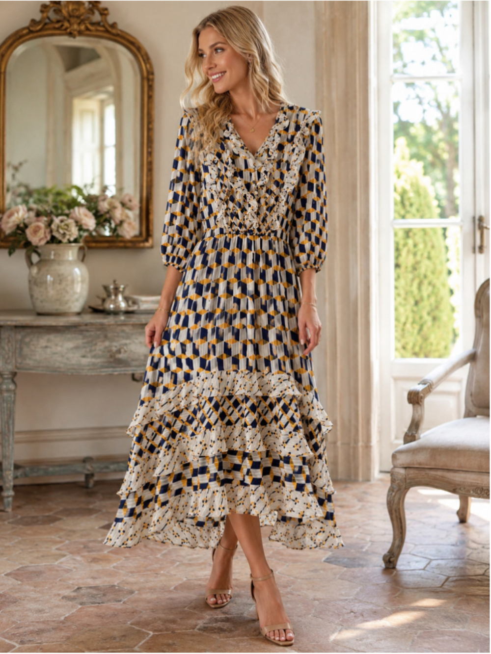 Women's Vintage Mosaic Maxi Dress, Geometric Print, White and Blue